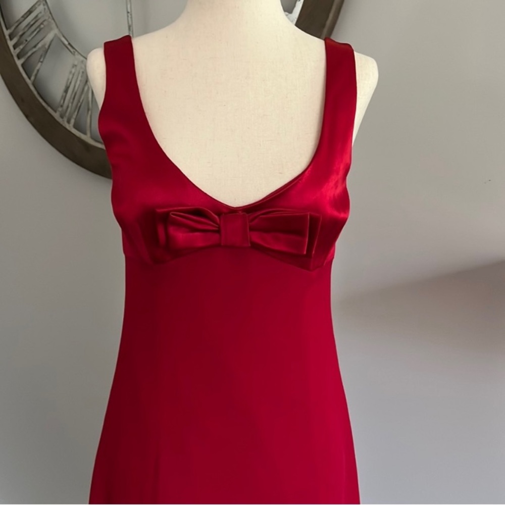 VINTAGE Nanette Lepore Red Satin V-Neck Bow Dress